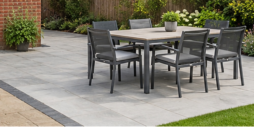 Patio extension combining existing sandstone paving with a new outdoor dining area.