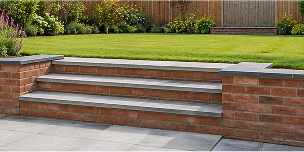 Garden retaining wall with stone coping, shallow steps and a raised lawn beside a patio.