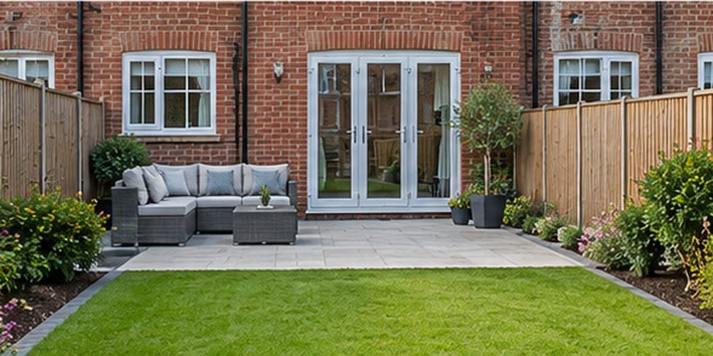 Landscaped rear garden of a terraced house with paving, planting and no side passage.