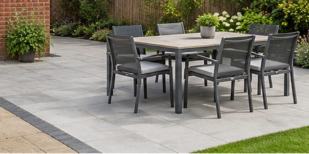 Patio extension combining existing sandstone paving with a new outdoor dining area.